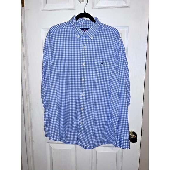 VINEYARD VINES Performance Classic Fit Whale Shirt Mens Blue Bay Gingham Sz XL - Picture 2 of 9